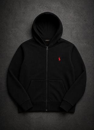 Трендовая кофта на замке polo ralph стильная мужская толстовка худи однотонная черная 3xl