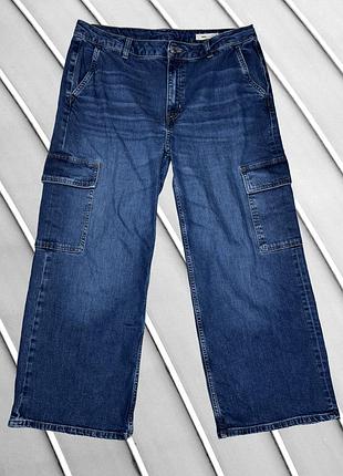 Женские джинсы m&amp;s 2xl 3xl eu44 eu466816rus18 ua50 ua52 рост 155-165 см синие wide leg cargo широкие карго высокая посадка брюки с карманами