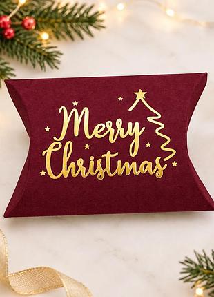 Подарункова новорічна коробочка-подушечка "merry christmas" (розмір 9.5 х 6.5 х 2.5 см) бордова
