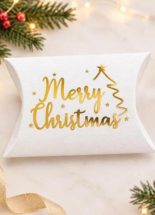 Подарункова новорічна коробочка-подушечка "merry christmas" (розмір 9.5 х 6.5 х 2.5 см) біла