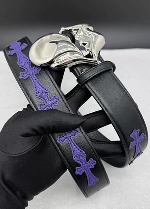 Ремінь chrome hearts чорний зі шкіри з фіолетовими хрестами