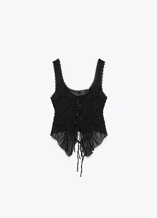 Напівпрозорий чорний топ зі шнурівкою та драпіруванням zara