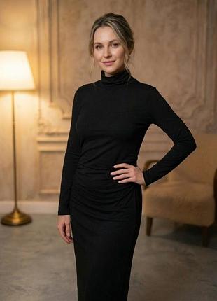 Чорна вечірня сукня-гольф міді vero moda з драпуванням / облягаюча базова сукня l з довгим рукавом