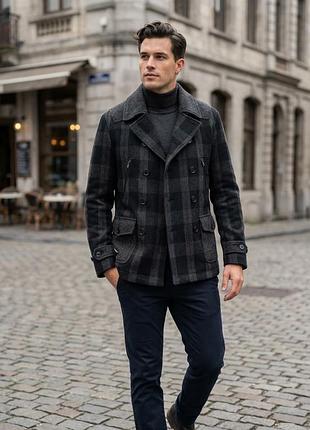 Мужское шерстяное пальто полупальто бушлат we fashion в крупную клетку (р. m)