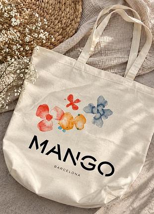 Еко-сумка шопер mango barcelona 100% бавовна з квітами та метеликами, нова