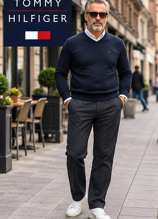 Мужские брюки Tommy hilfiger denton chino straight fit stretch w36/l34, 54 xxl - темно-серые в мелкую клетку, прямой крой