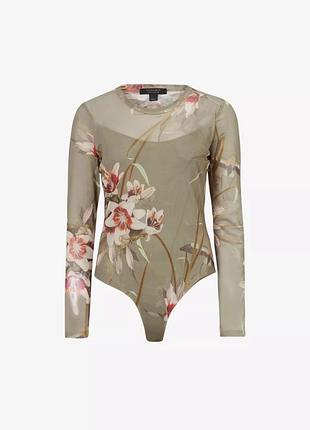 Оливкове боді allsaints у квітковий принт, l-xl
