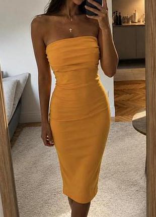 Яркое желтое трикотажное платье бандо zara, p. s, платье миди без бретелей