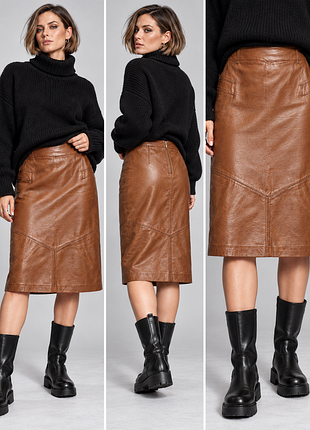 Кожаная юбка hennes collection h&m коньячного цвета, натуральная кожа наппа