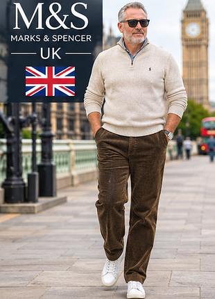 Мужские вельветовые брюки m&amp;s marks &amp; spencer w42 l31, 60 размер, коричневые, regular fit, большой размер
