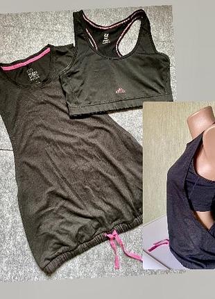 Аутфіт спорт:топ -кроп майка жіноча h&m,+футболка без рукавів на завʼязках знизу чорний колір з рожевим м,для залу,