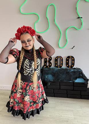 Плаття+вінок, сукня, карнавальний костюм  на хеловін, halloween, плаття з черепами,  мадам коко, цукровий череп