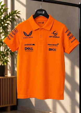 Футболка поло mclaren formula 1 team жовтогаряча з логотипами, теніска з принтом формула-1 m, жовтогарячий