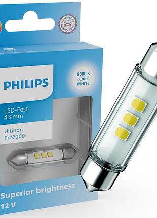 Светодиодная лампа philips 11866cu70x1 c5w/c10w led ultinon pro7000 festoon sv8.5 white 6000k 43mm 12v (1 шт)