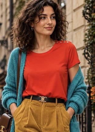 Футболка жіноча massimo dutti  червоно помаранчева з ґудзиками на плечі, розмір s