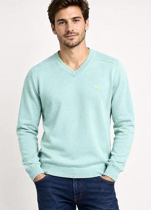 Светр джемпер чоловічий puma з v вирізом блакитний, 100% cotton