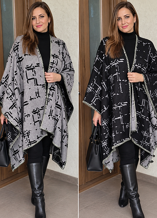 Двостороннє вовняне пончо white label rofa fashion group, 50% вовна, накидка oversize, 150×140 см