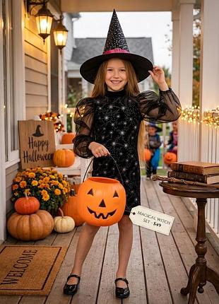 Карнавальный костюм платье колпак на хелловин halloween геловин звезды ночи звезда ночника колдунья ведьмочка ведьма для девочки 9 лет 134