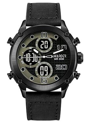 Чоловічий наручний годинник awarder 017 black leather зі стрілково-електронним циферблатом та підсвічуванням