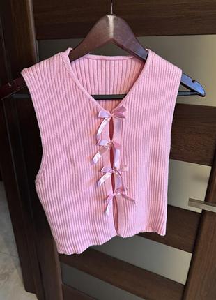 Ніжно рожевий топ жилет кофта в рубчик , банти zara mango massimo dutti bershka