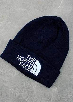 Шапка біні the north face синя з відворотом та логотипом