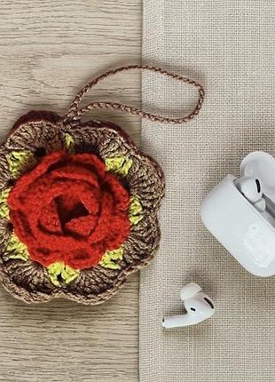 Аксесуари до навушників чохол для airpods в'язаний ручної роботи троянда