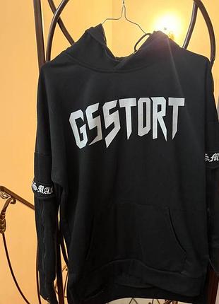 Чорне худі glo-story з принтом | oversize | з капюшоном