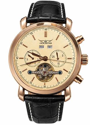 Мужские механические часы jaragar a540 rose gold-beige с автоподзаводом и кожаным ремешком