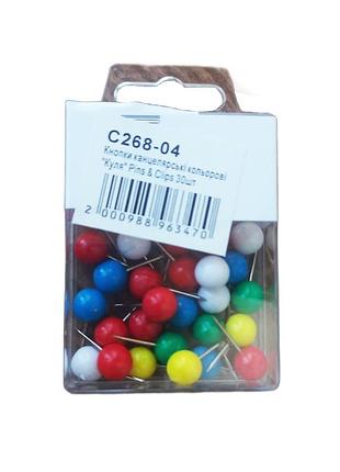 Кнопки канцелярські кольорові "куля" pins & clips, 30 шт.