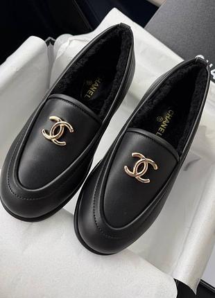 Лофери chanel утеплені чорний колір