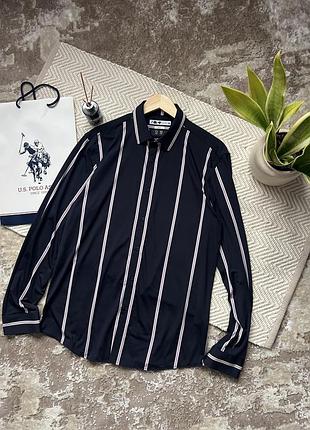 Чоловіча сорочка zara slim fit темно-синя в червону смужку