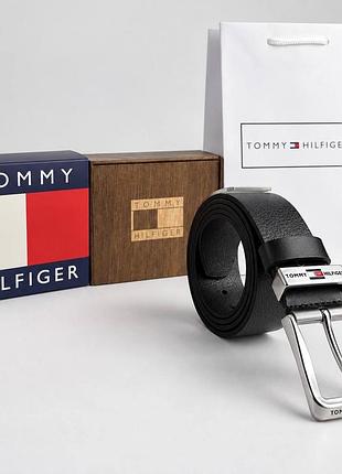 Мужской ремень tommy hilfiger из натуральной кожи черный, кожаный ремень томми хелфигер