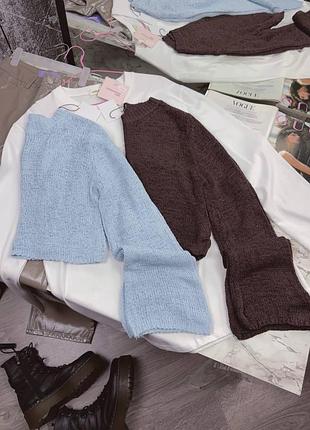 Вязаная укороченная кофточка кроп-джемпер one size (s-l) новая / шоколад и голубой