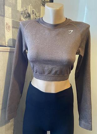 Укороченный рашгард gymshark  seamless long sleeve crop top в коричневом меланжевом оттенке (b2a1c). размер м, s