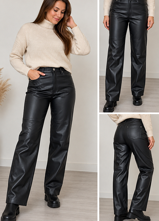 Женские кожаные брюки bonprix, черные, утепленные, прямые, eur 36 (s–m)