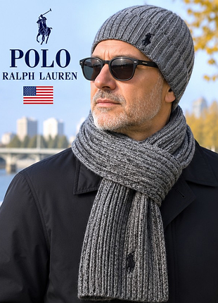 Polo ralph lauren - мужской теплый комплект шапка бини + длинный шарф, серый меланж, вязкая резинкой, логотип pony