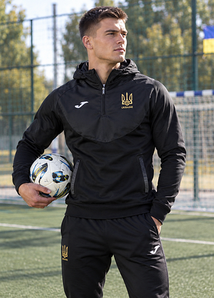 Спортивна кофта чоловіча joma збірна україни чорна та сірі вставки з капюшоном мікрофліс