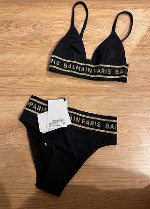 Роздільний купальник balmain чорний з золотистим написом
