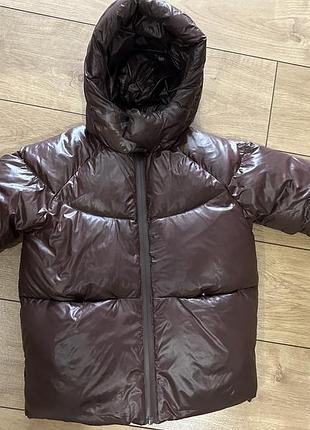 Куртка zara стьобана з капюшоном коричнева