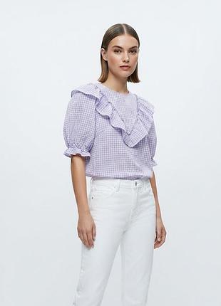 Бузкова блуза у клітинку з воланами h&m розмір м