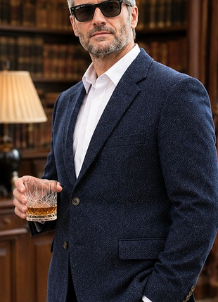Чоловічий твідовий піджак santinelli tailoring west nab sporting tweed — темно-синій, англійська тканина, класичний подовжений крій, розмір l / 50