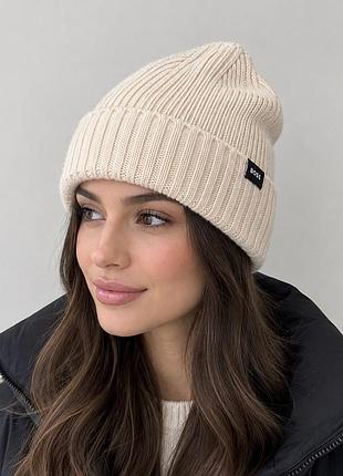 Вовняна жіноча шапка boss small logo ribbed wool beanie