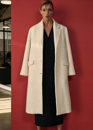 Новое твидовое молочное пальто zara прямого кроя твид букле шерсть хлопок