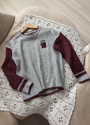 Сірий светр гаррі поттер hogwarts griffindor з бордовыми рукавами джемпер світшот primark