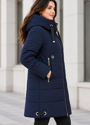 Жіноча зимова куртка dark navy — темно-синя подовжена куртка з капюшоном