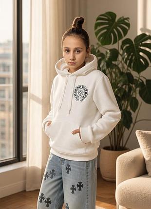 Худі утеплеге дитяче та підліткове chrome hearts біле з капюшоном