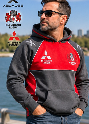 Мужское теплое худи xblades gloucester rugby mitsubishi motors - толстый флис, серо-красное, размер s / 46