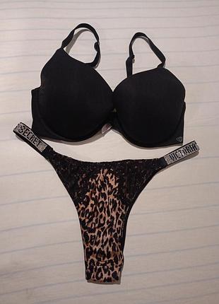 Комплект жіночої білизни victoria's secret чорний зі стразами та леопардовим принтом