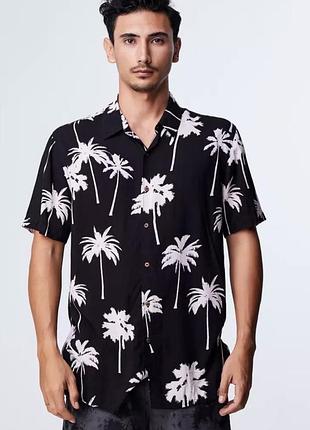 Р. 48–50 l–xl мужская гавайская рубашка чёрная с белыми пальмами primark