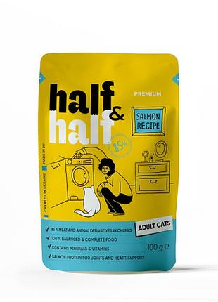 Вологий корм для котів half&half premium salmon recipe, шматочки в желе, 100 г, 22 шт.